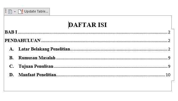langkah kelima cara membuat daftar isi otomatis