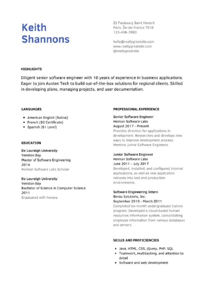 cv ats friendly software engineer